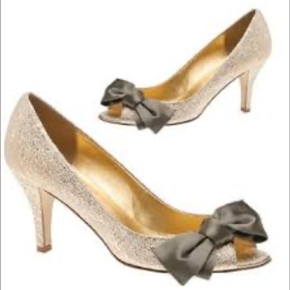J. Crew Shoes - JCrew Collection Platinum Metallic Peep Toe Pumps with Dark Gray Satin Bow Sz 7